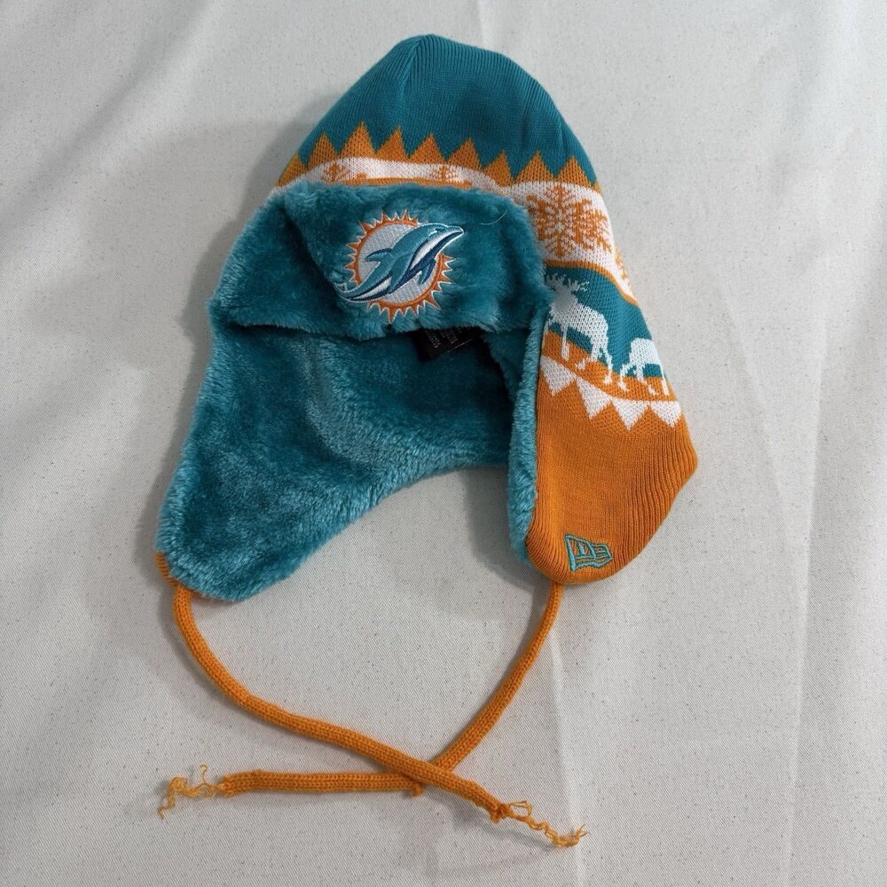 New Era Miami Dolphins NFL Trapper Knit Hat Aqua Orange Ear Flap Beanie